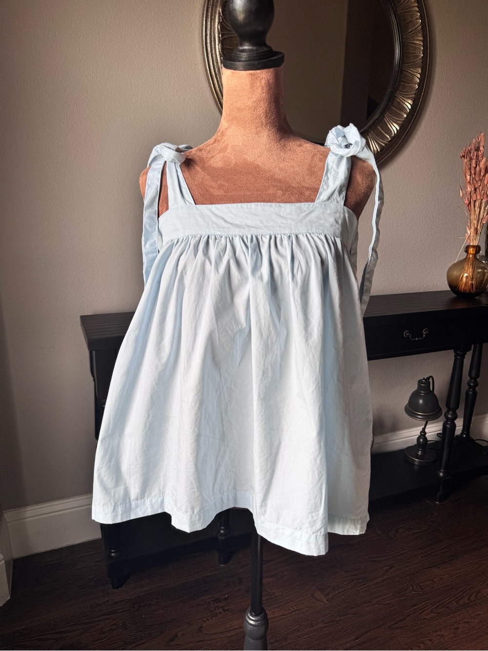 Light Blue Sleeveless Tie-Shoulder Babydoll Top Cotton Small